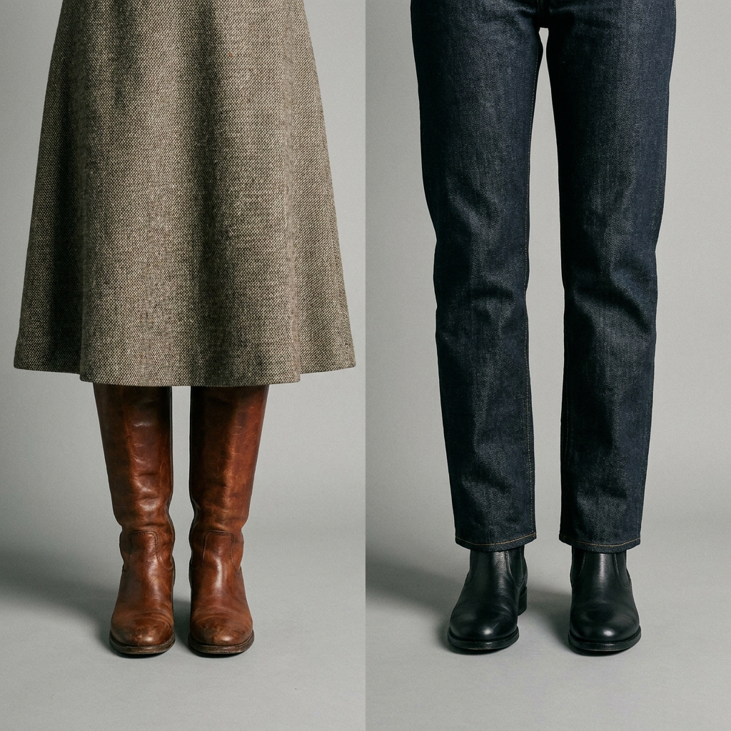Side-by-side comparison of knee-high boots with a midi skirt and ankle boots with straight-leg denim.