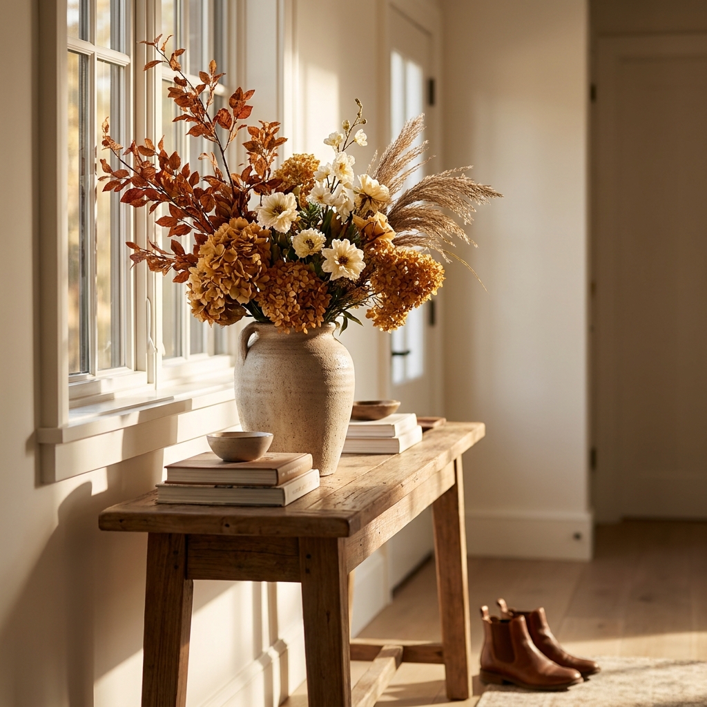 A tall faux floral arrangement in rust and cream tones styled on a wooden entry table for fall.