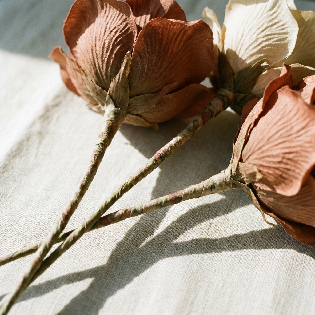 Close-up of faux flower stems showing wire cores and textured petals.
