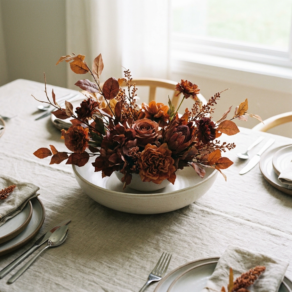 A low faux floral centerpiece styled on a fall dining table.
