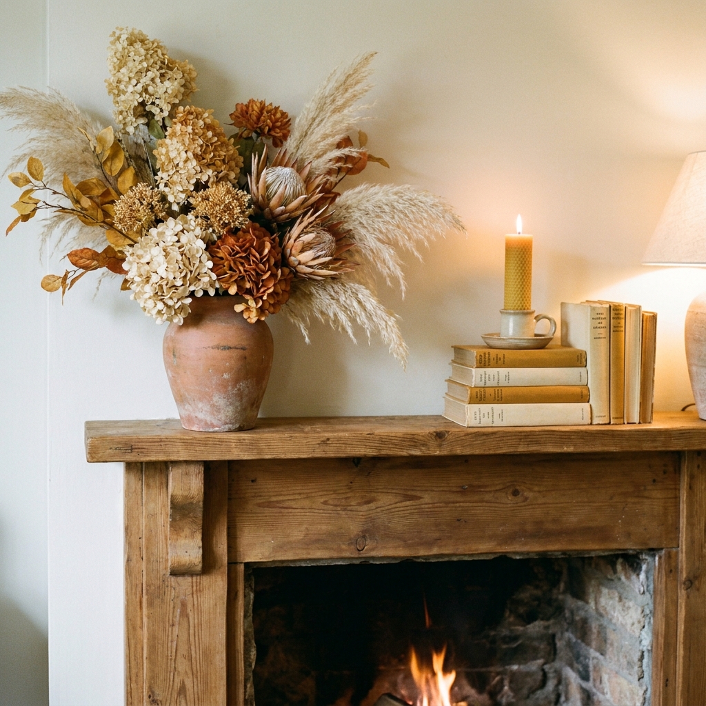An asymmetrical faux floral arrangement styled on a mantel with books and a candle.