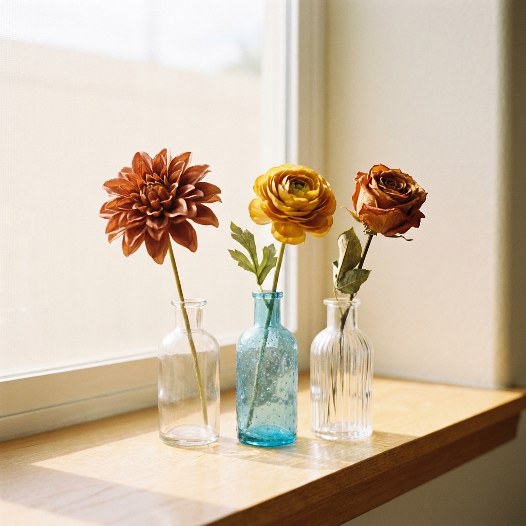 Mismatched glass bud vases each holding a single faux fall flower stem on a windowsill.