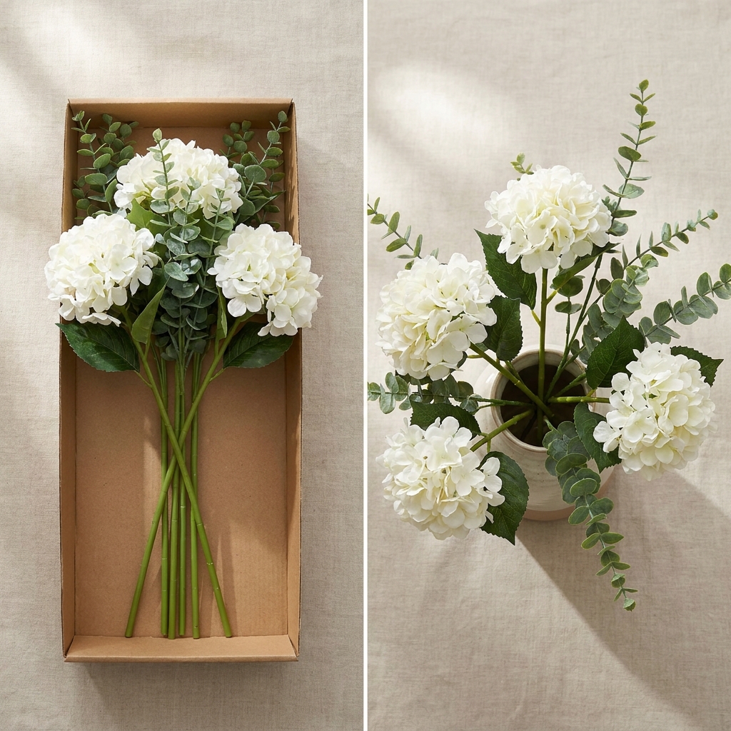 Side-by-side comparison of a faux floral arrangement before and after fluffing and shaping the stems.