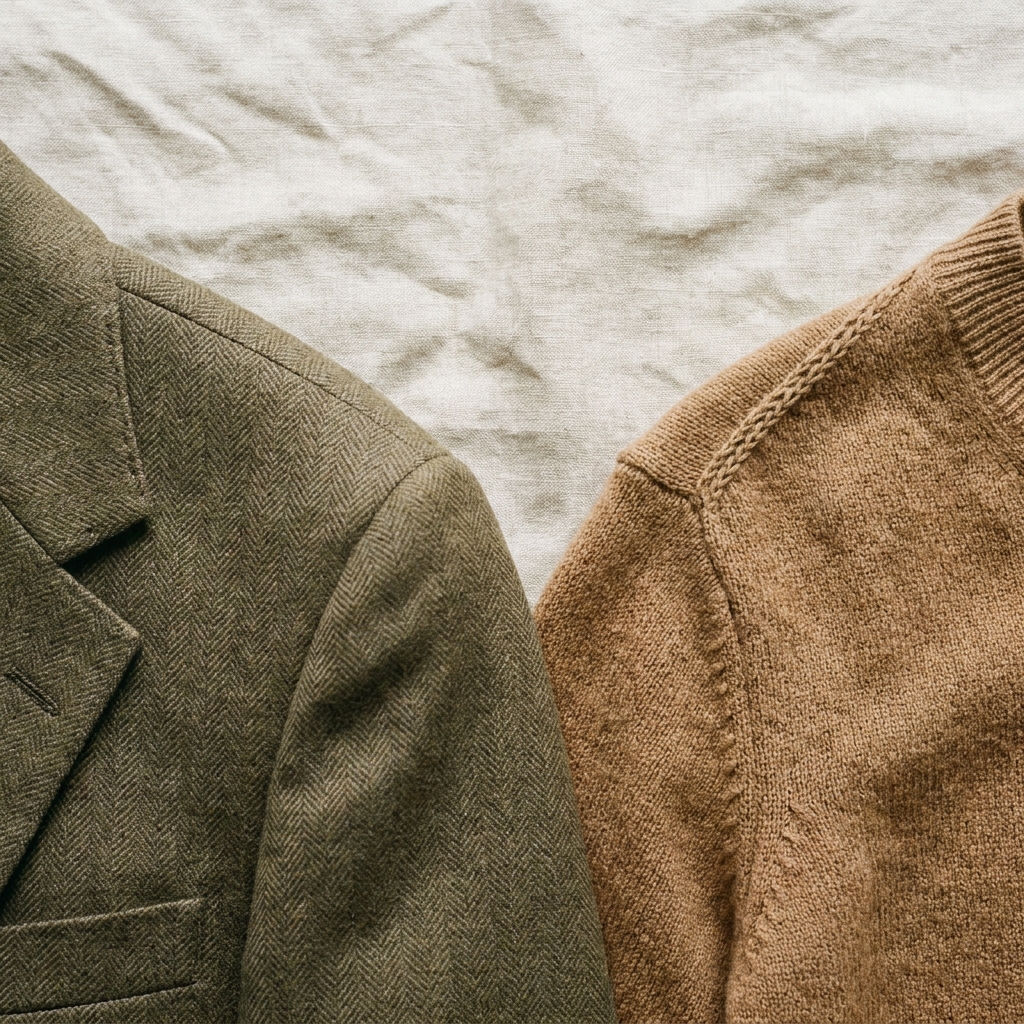 Close-up comparison of a structured blazer shoulder seam next to a knit top shoulder seam