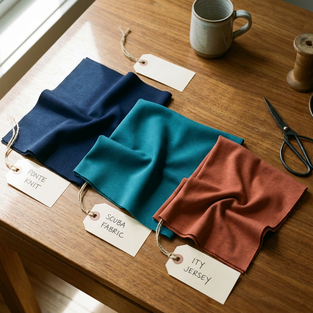 Three fabric swatches, ponte knit, scuba, and ITY jersey, laid out to show texture.