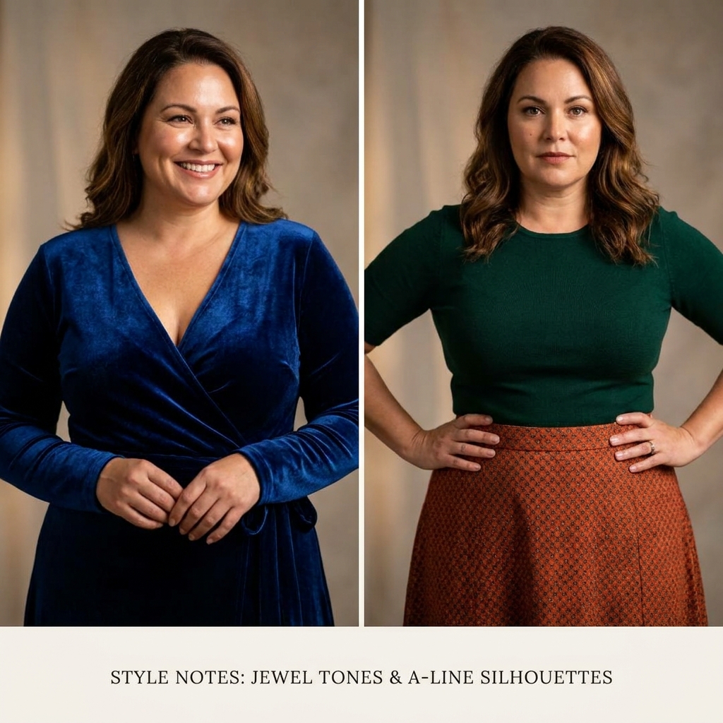 A woman wears a wrap dress that defines her waist through the cut of the fabric.
