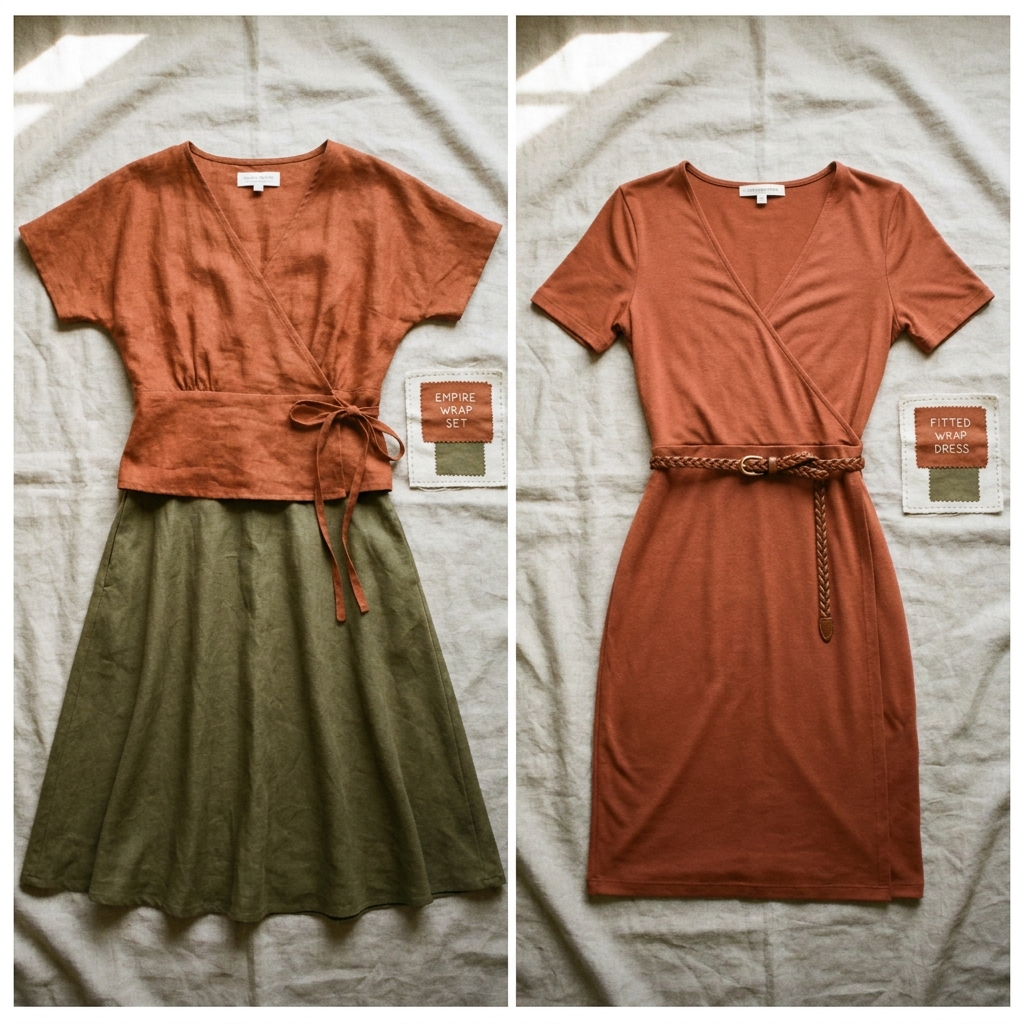 Two outfit flat lays showing an empire-waist look next to a belted wrap dress look.