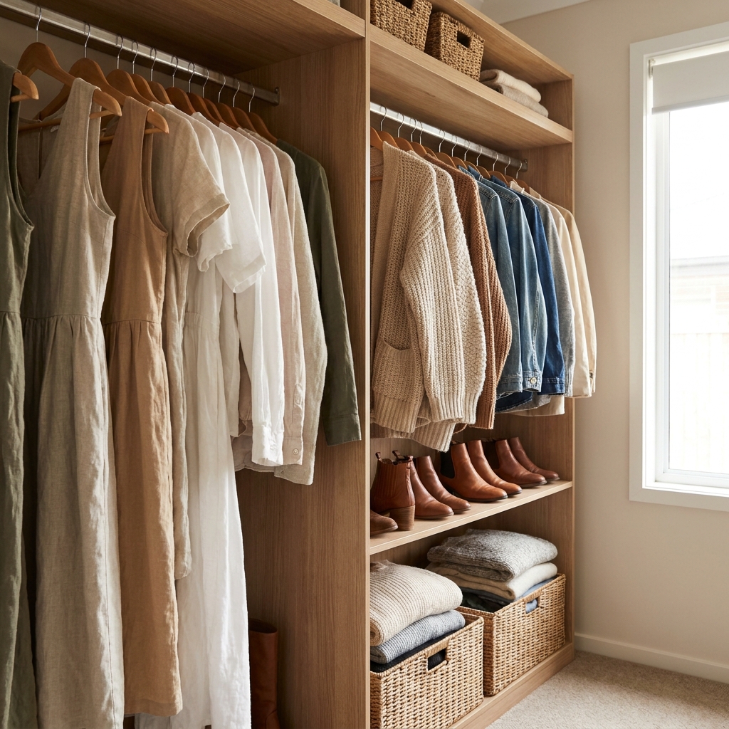 How to transition wardrobe to fall shown through an open closet with linen dresses pushed aside and cardigans, denim, and ankle boots arranged at the front.