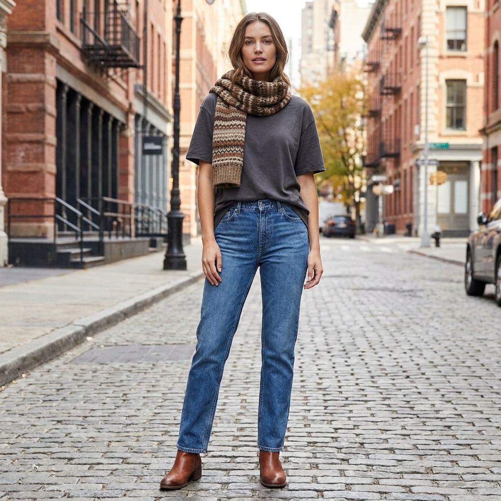 A woman wearing jeans and a white t-shirt with a plaid scarf and ankle boots added for a fall look.