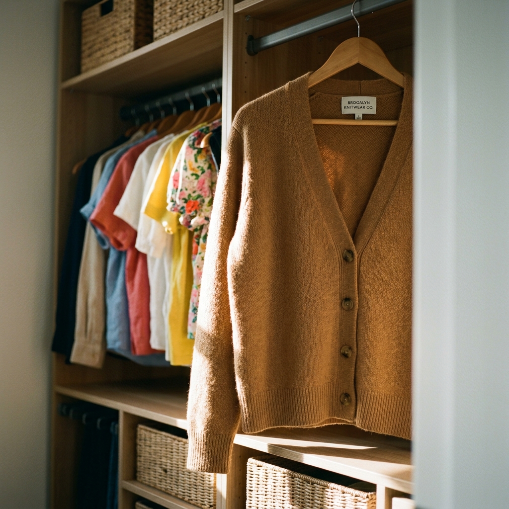 A single camel cardigan pulled to the front of a closet rail ahead of a row of summer tops.