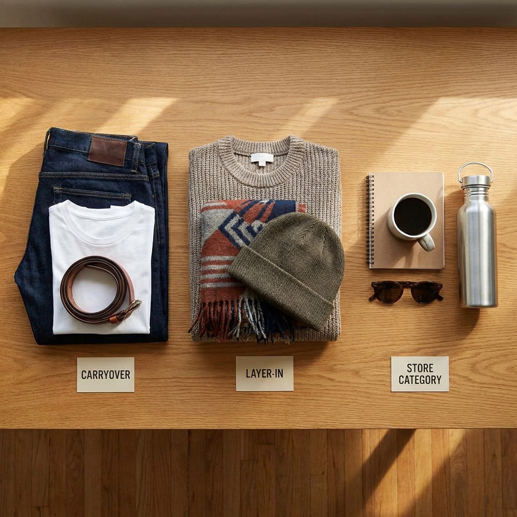 Three groups of folded clothing on a bed, separated by category, including denim, a linen top, and a knit cardigan.
