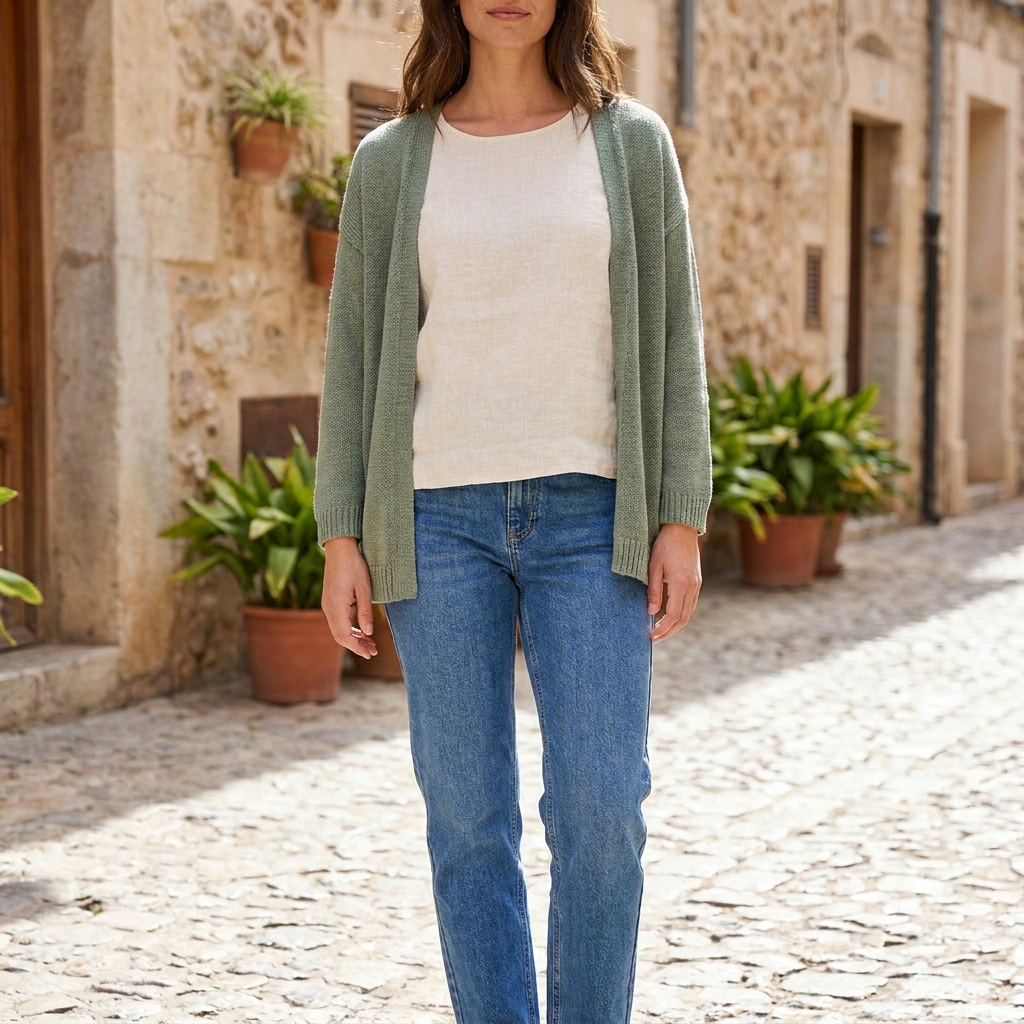 A woman wearing a cream linen top under an open camel cardigan, paired with straight-leg jeans and loafers.