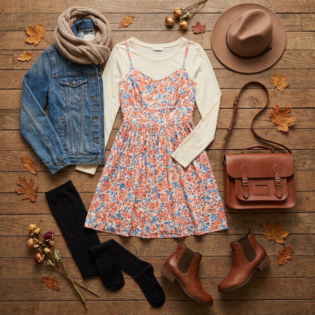 A sleeveless floral dress laid flat next to a black layering tee, opaque tights, and brown ankle boots.