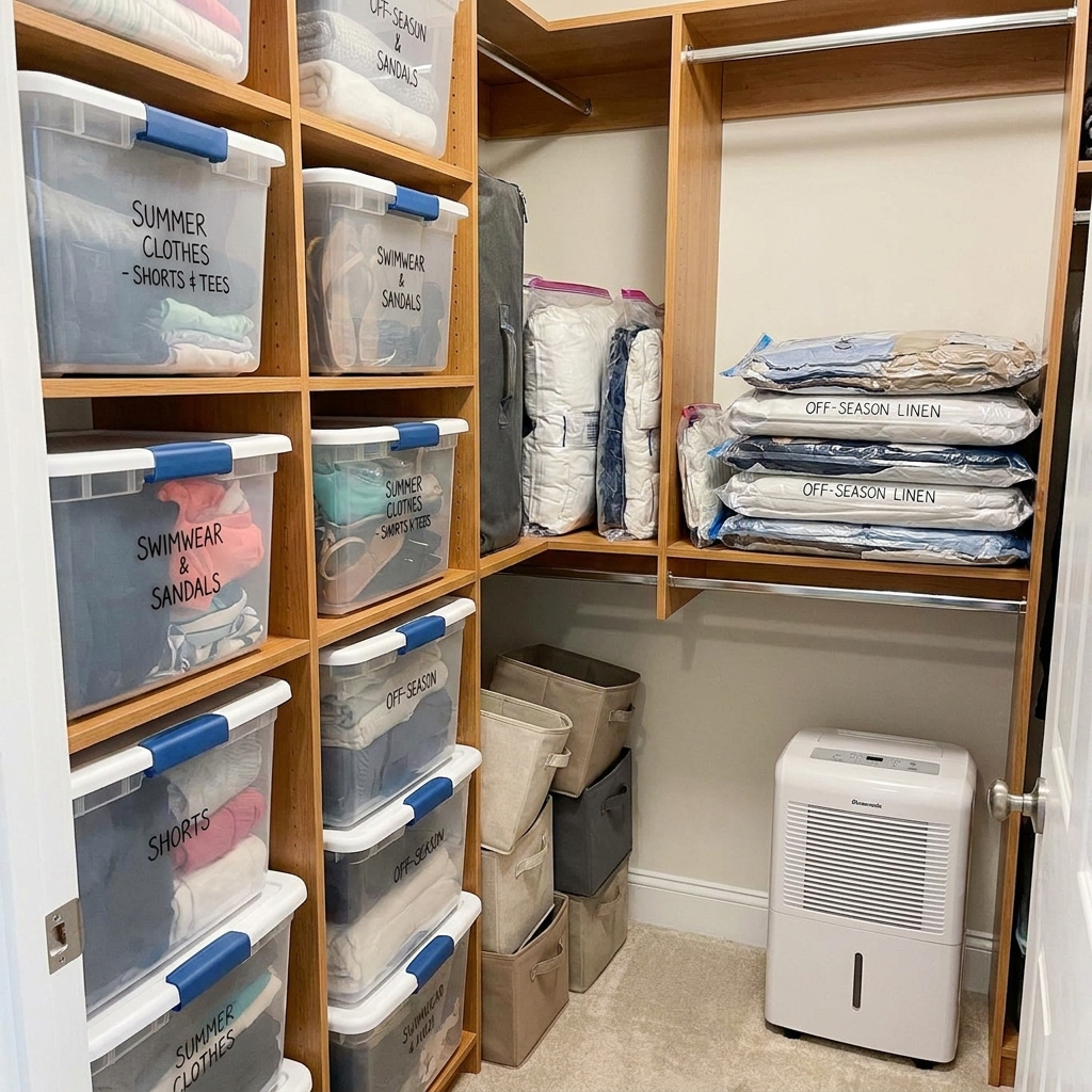 Clear labeled storage bins stacked in a closet, holding folded summer clothing for the off-season.