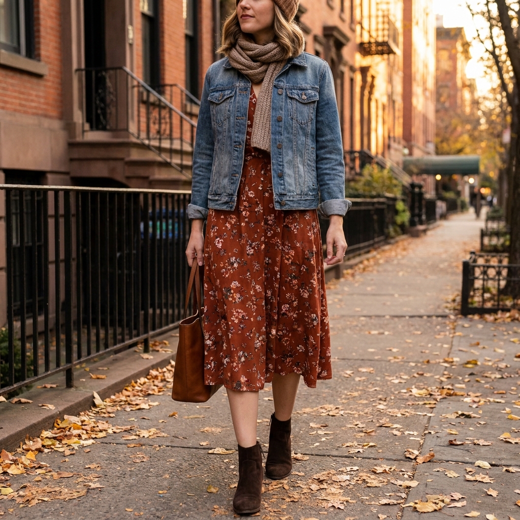 A woman in an above-the-knee dress layered with a denim jacket and brown ankle boots, standing on a porch.