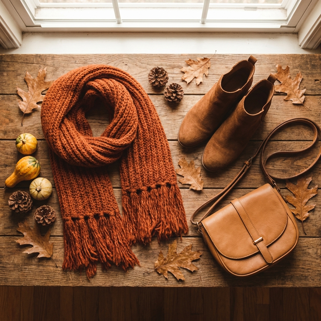 A plaid scarf, brown ankle boots, and a tan crossbody bag arranged together on a wooden surface.