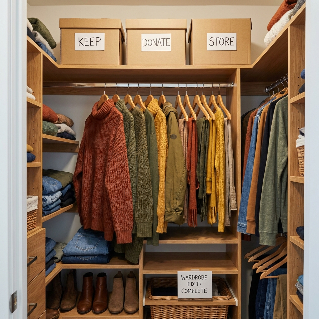 An organized closet with cardigans and jackets hanging at the front and folded jeans stacked below.