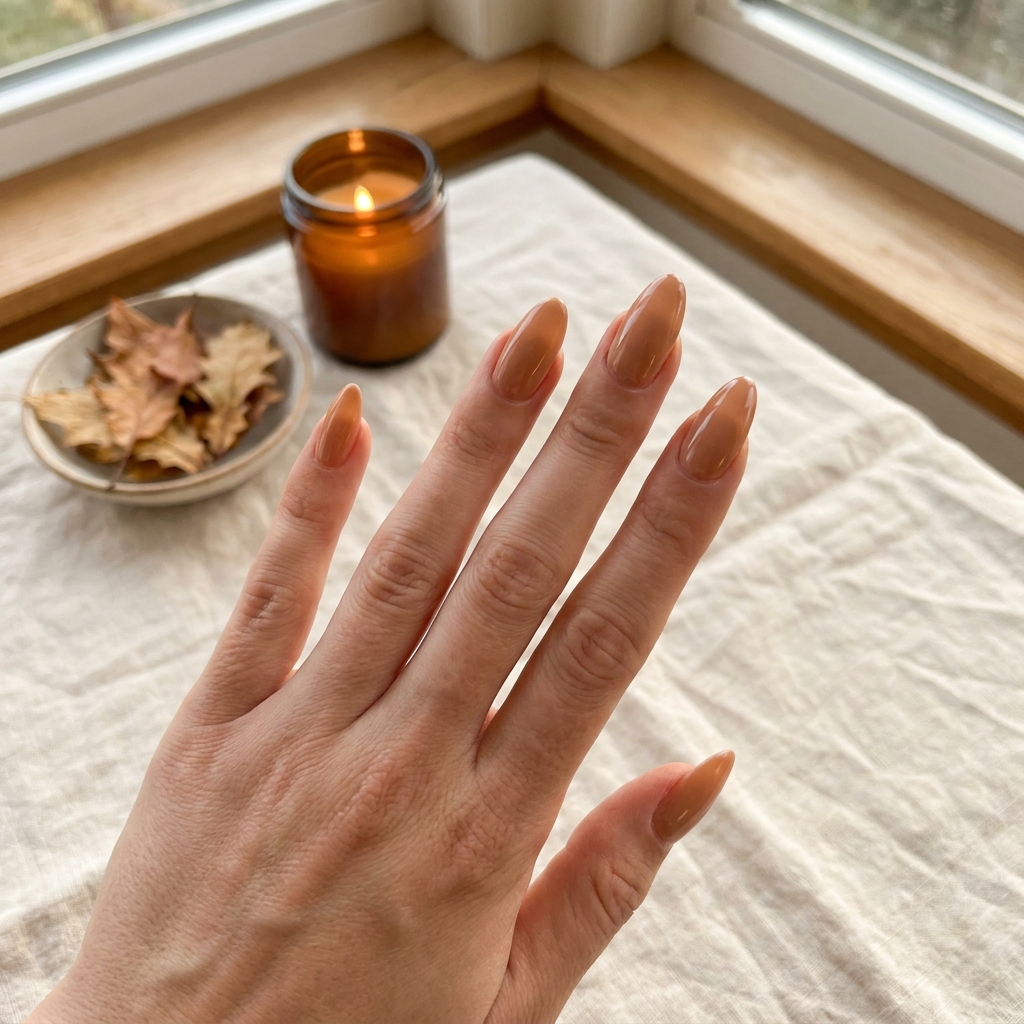 A hand with warm caramel nude almond nails resting on a linen tablecloth.