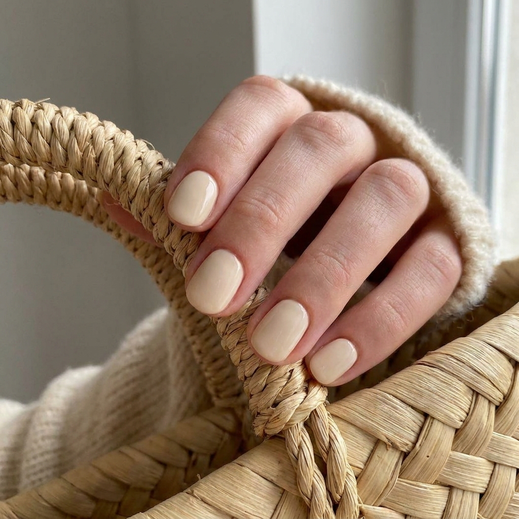 Round nails in a pale creamy oat milk polish.