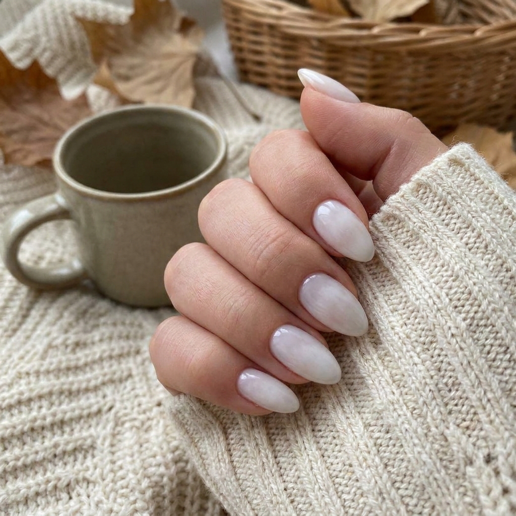 Almond nails in a soft milky white polish.