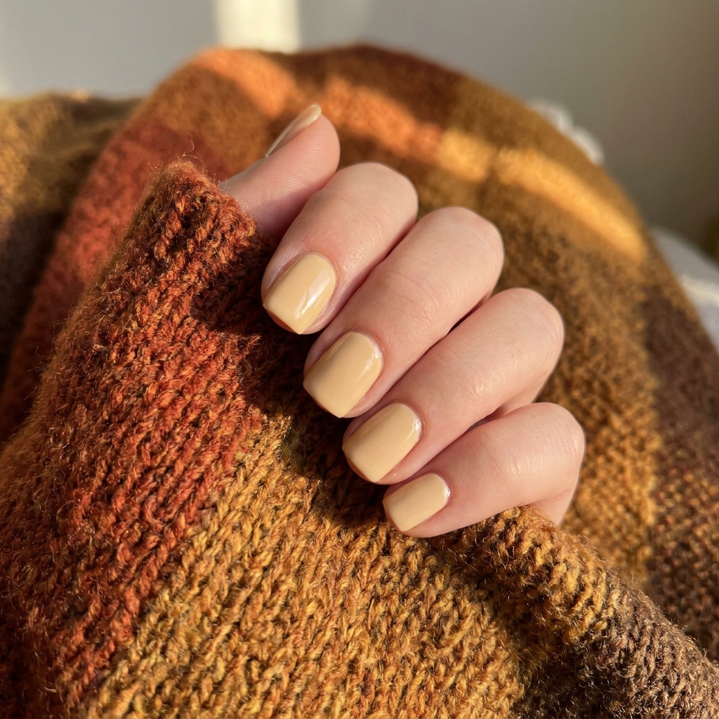 Short square nails in an opaque warm cream polish.