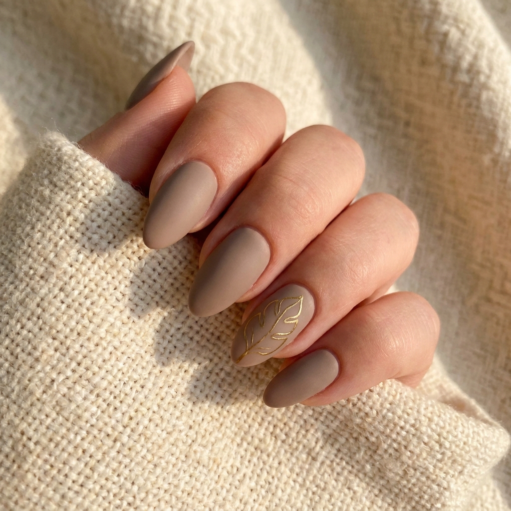 Matte taupe nails with one accent nail featuring a fine gold leaf outline.