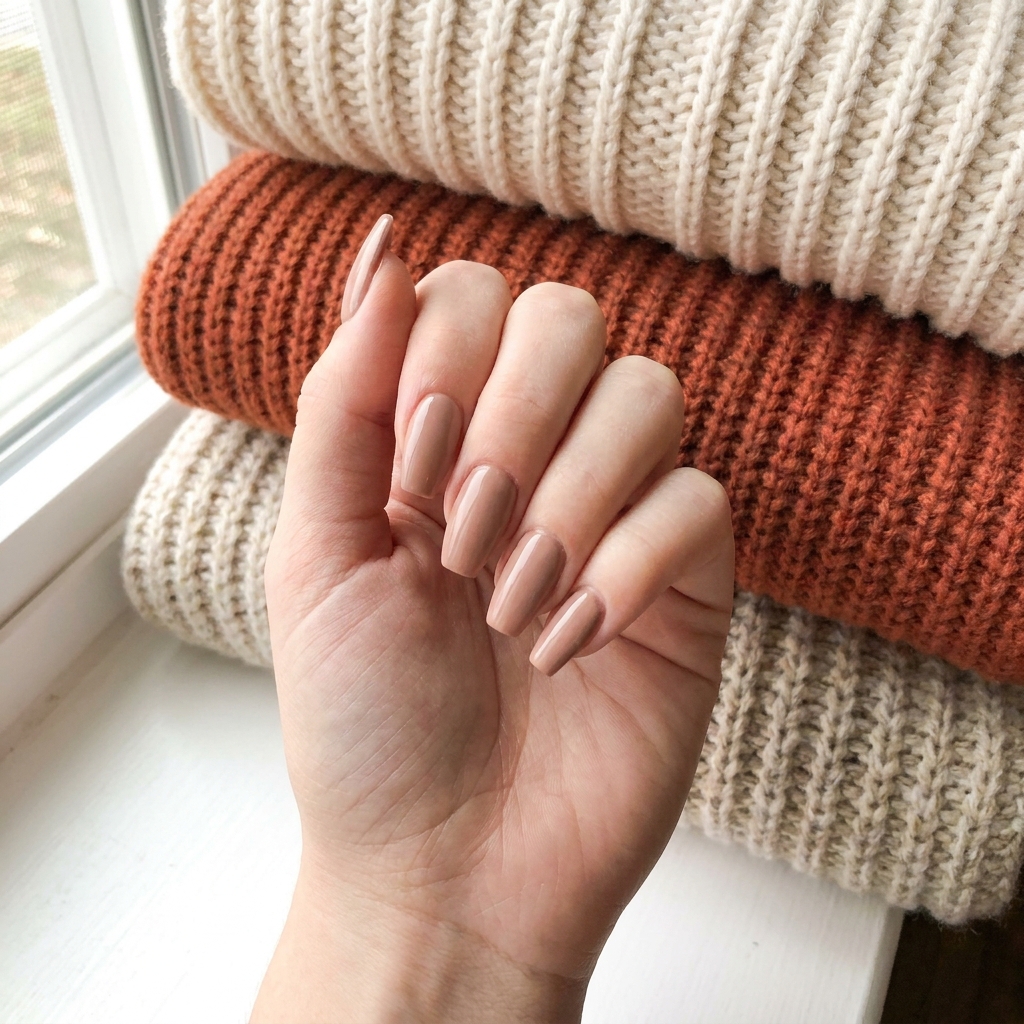 Coffin-shaped nails in a soft light brown polish.