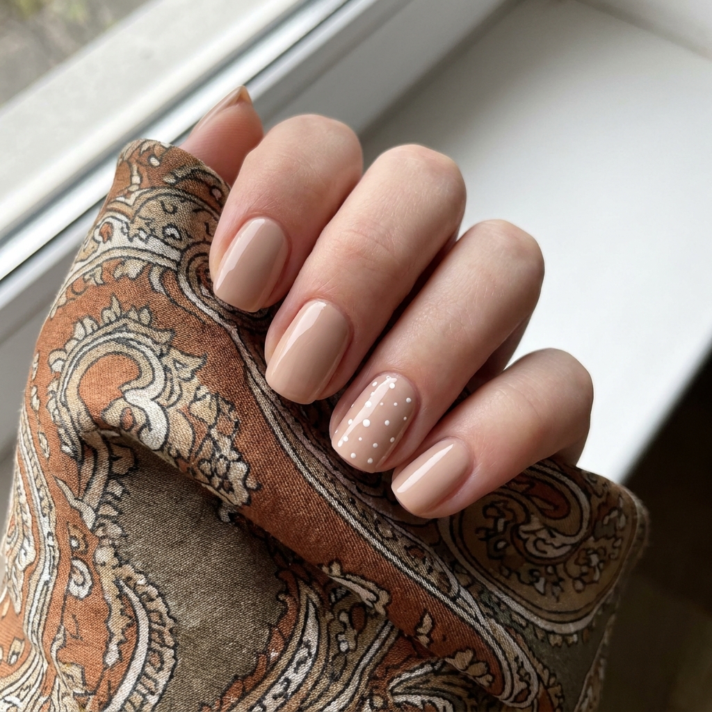 Soft beige nails with one accent nail featuring small scattered dots.