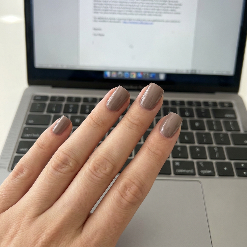 Short square nails in a glossy mid-tone taupe polish.