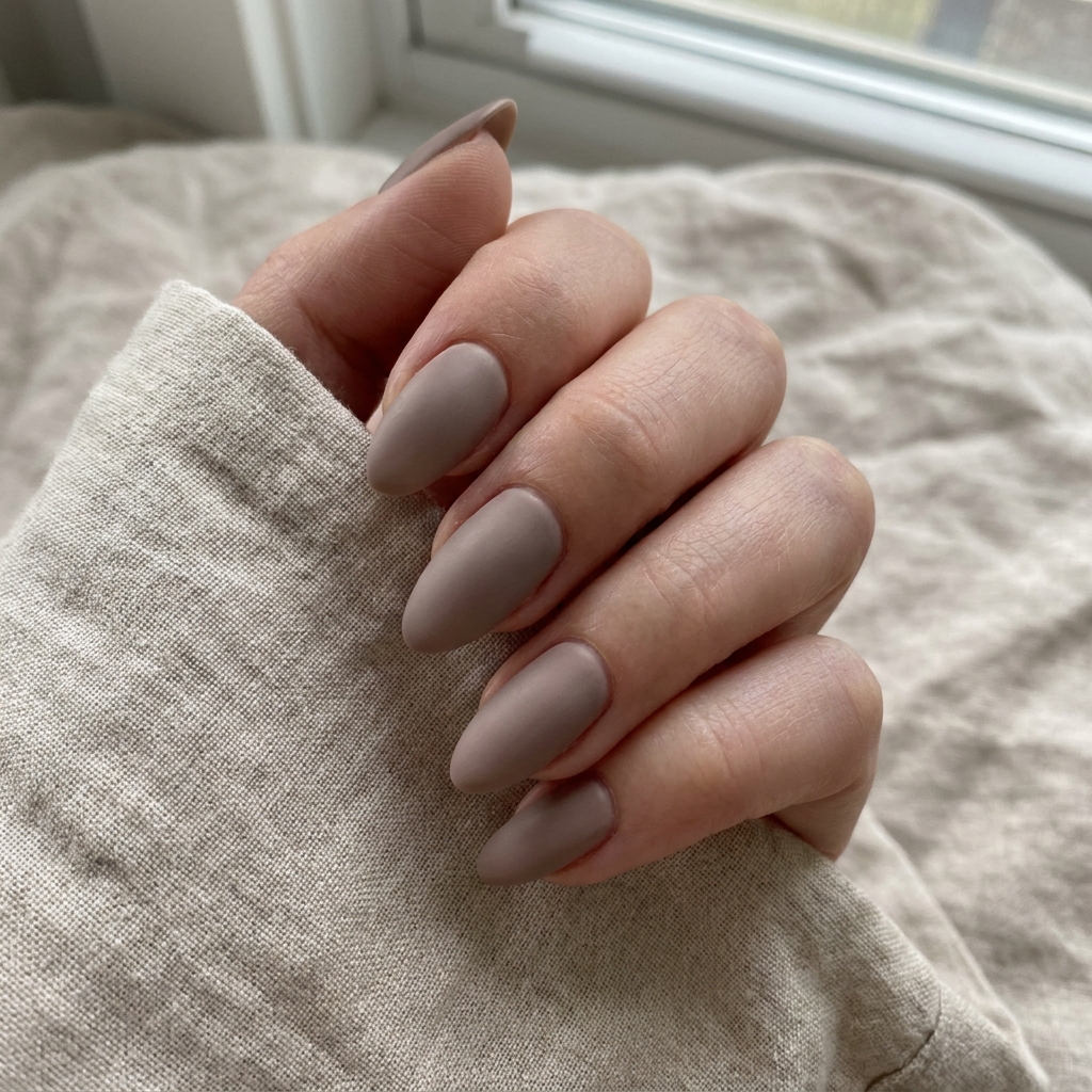 Almond nails in a matte taupe polish with a visibly flat finish.