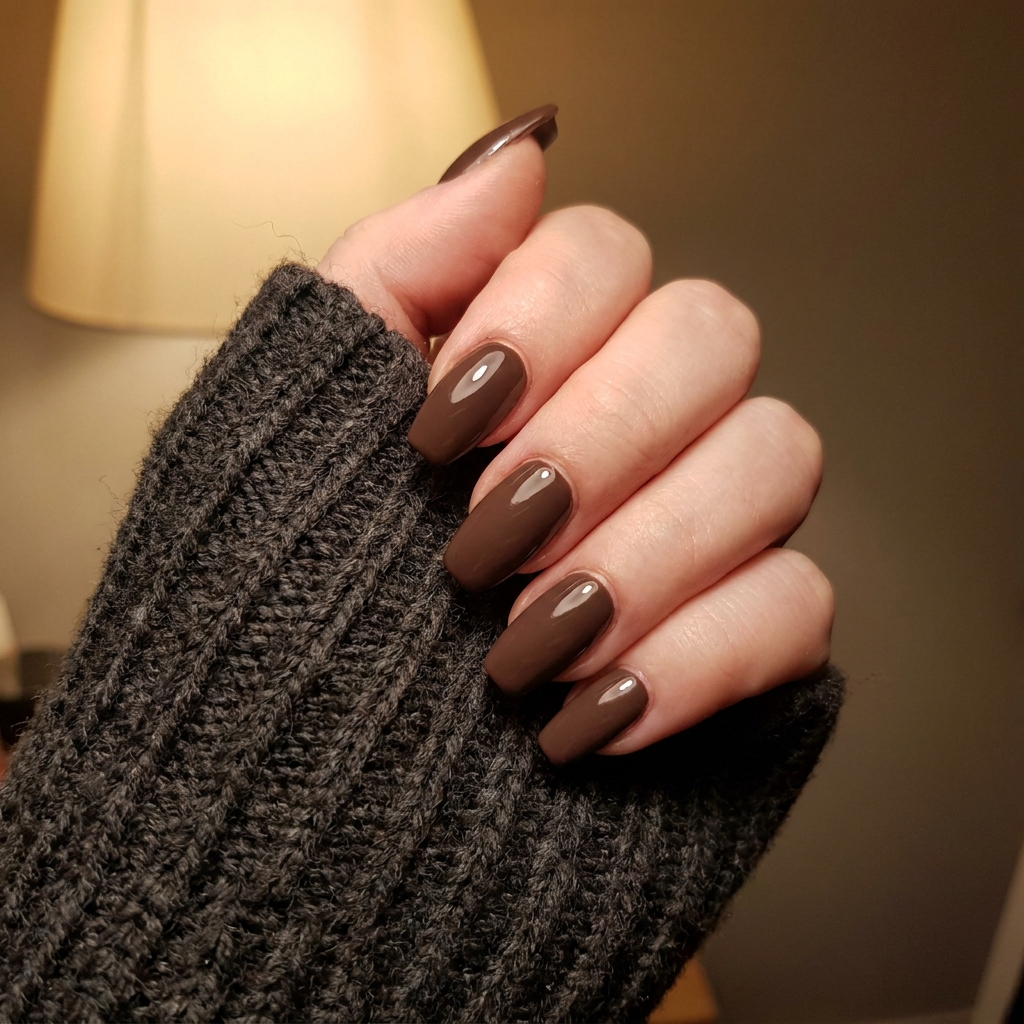 Coffin-shaped nails in a deep mocha brown polish.