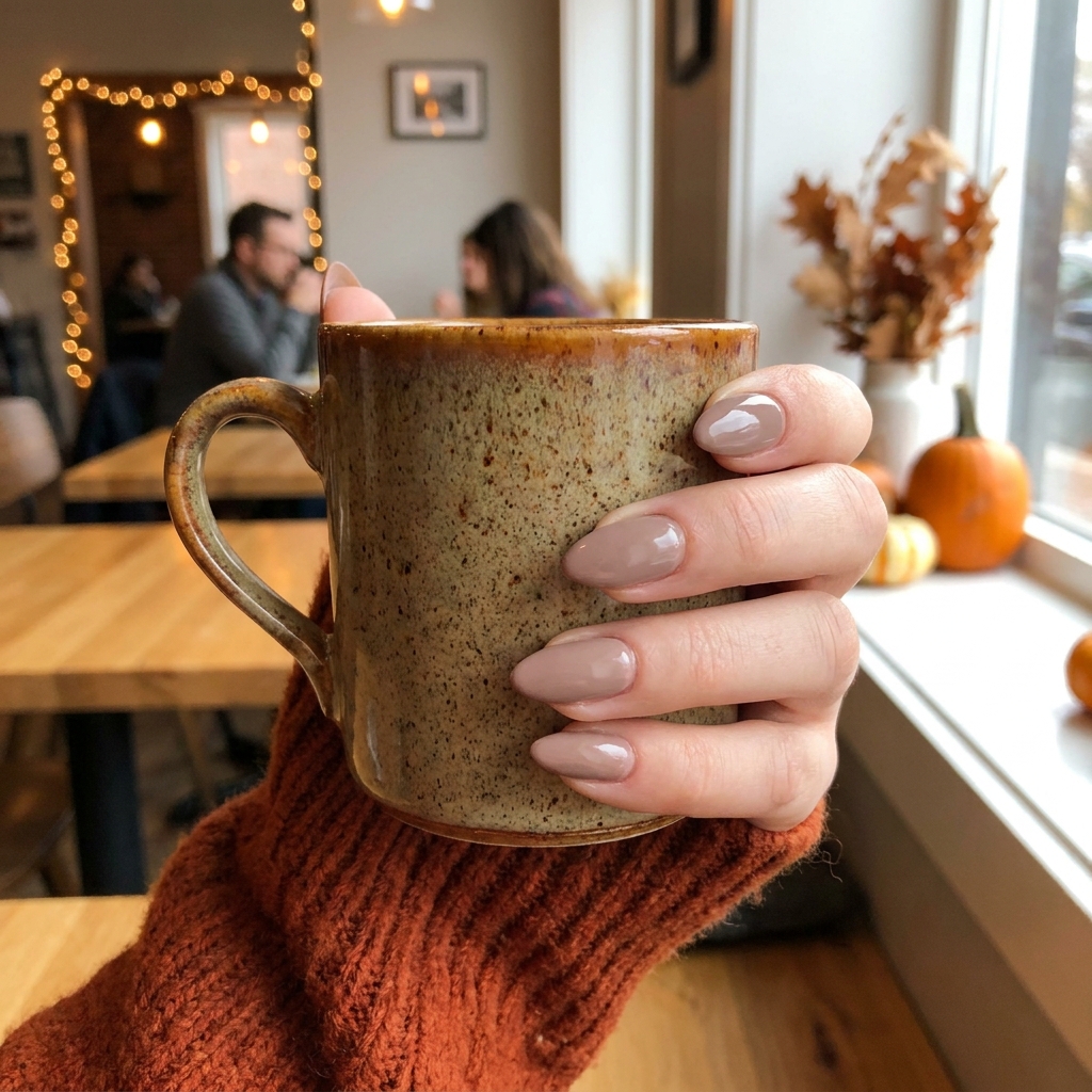 A hand in a rust sweater holding a mug, with soft taupe nails.