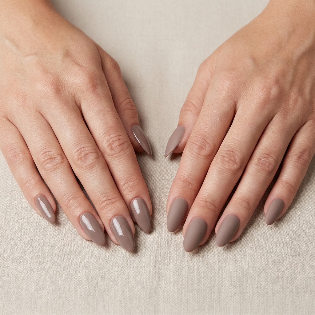 A side-by-side comparison of glossy and matte taupe nail finishes.