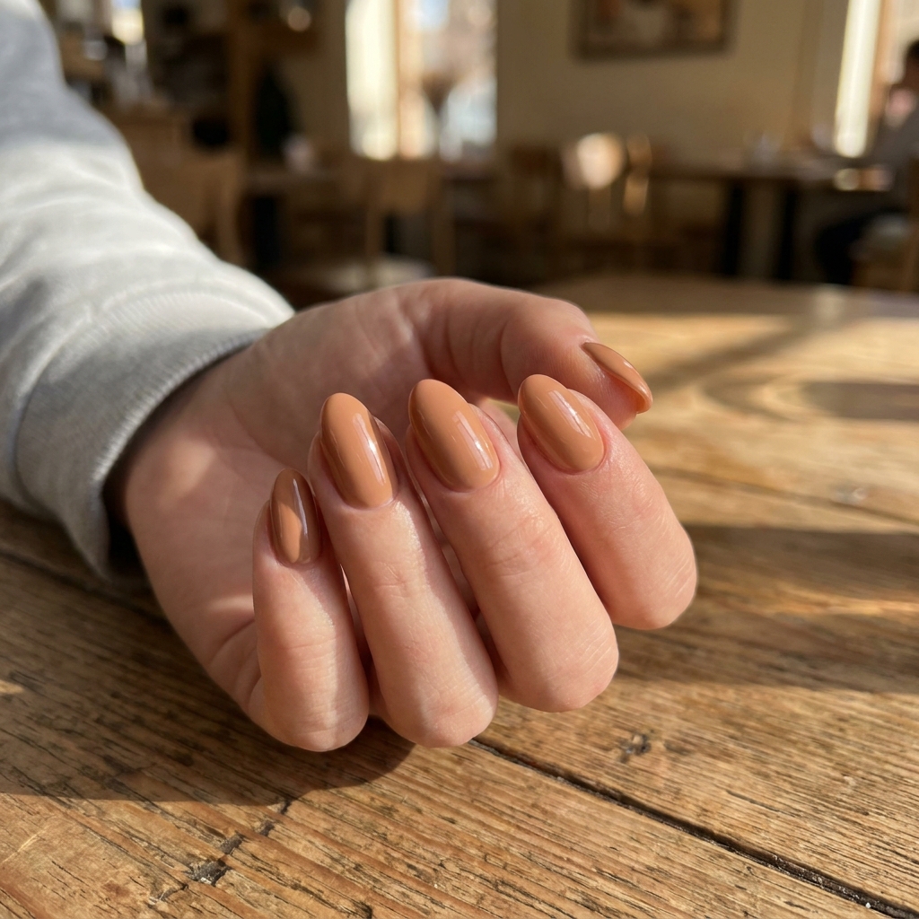 Almond-shaped nails in a warm caramel nude polish with a glossy finish.