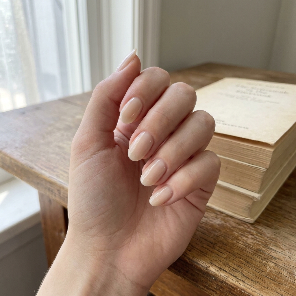Natural nails with a sheer milky nude polish.