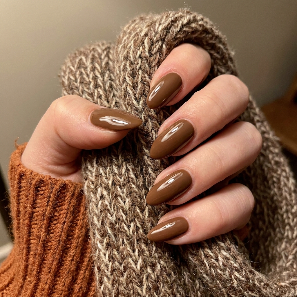 Almond nails in a rich coffee brown polish.