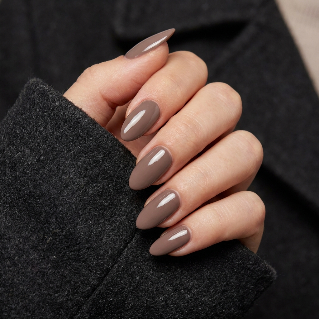 Almond-shaped nails in a muted neutral brown polish.