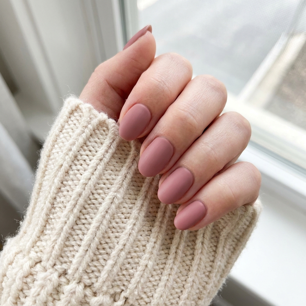 Short to medium nails in a muted dusty rose matte polish.