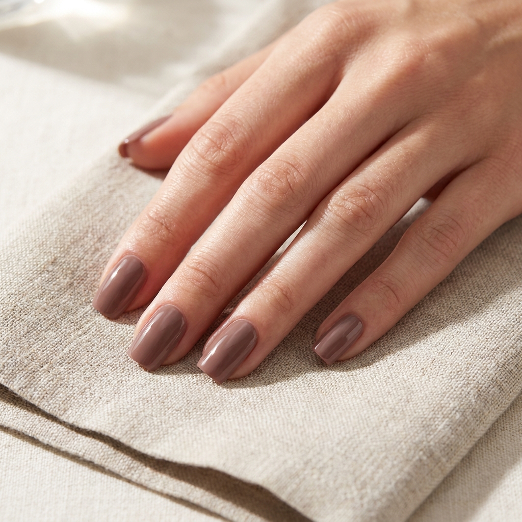 Square nails in a muted cocoa polish.