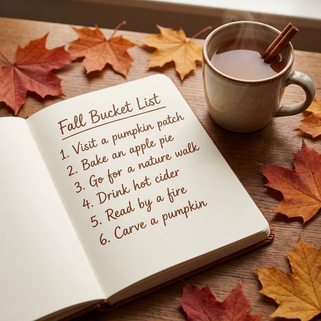 A fall bucket list journal page next to a mug of cider and scattered autumn leaves.