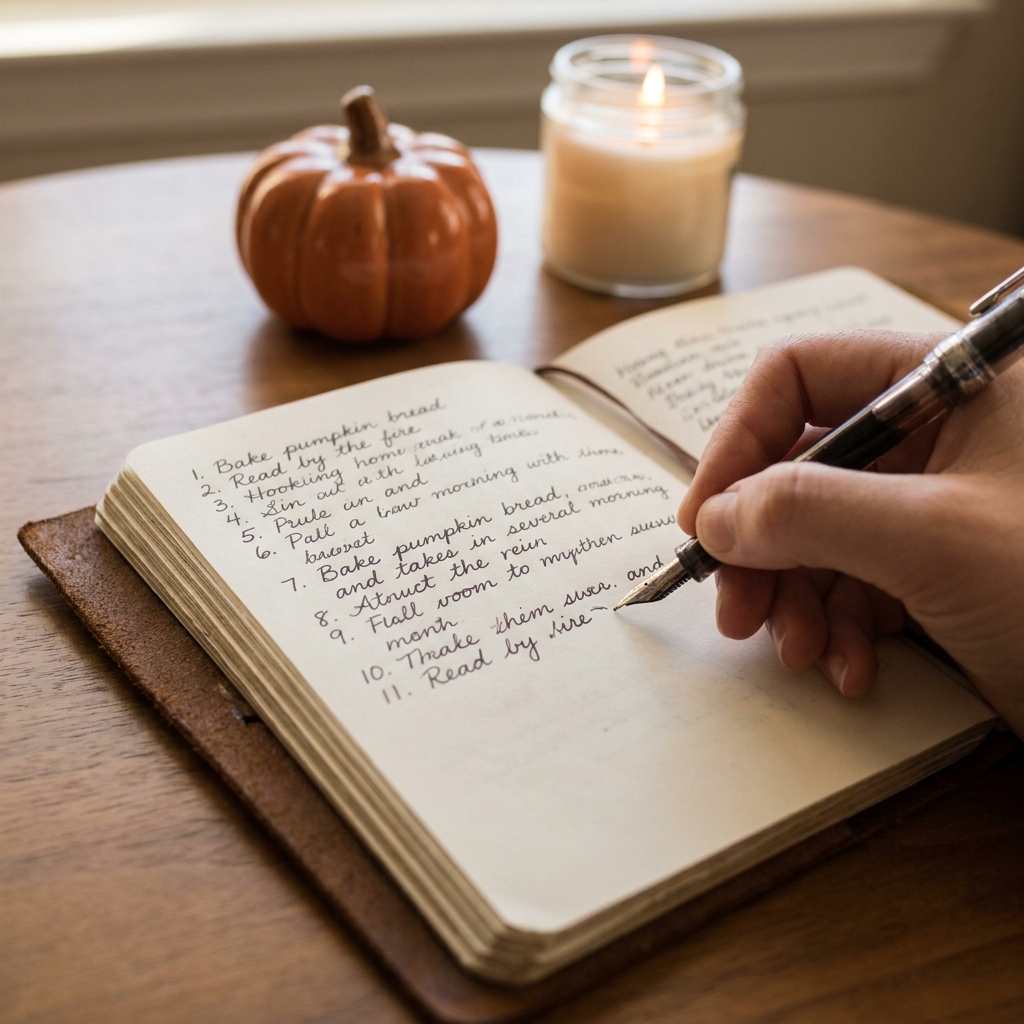A hand writing a numbered fall bucket list in an open journal.