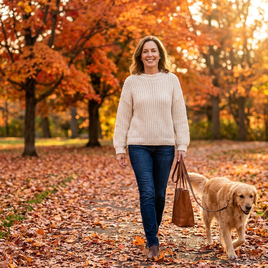 A woman walking along a leaf-covered path lined with trees in peak fall color.