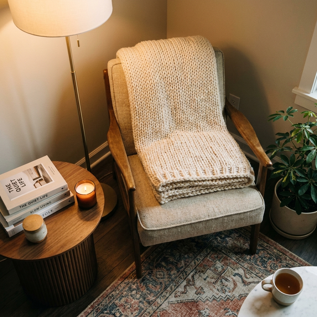 A cozy reading corner with a blanket, a lit candle, and a stack of books.