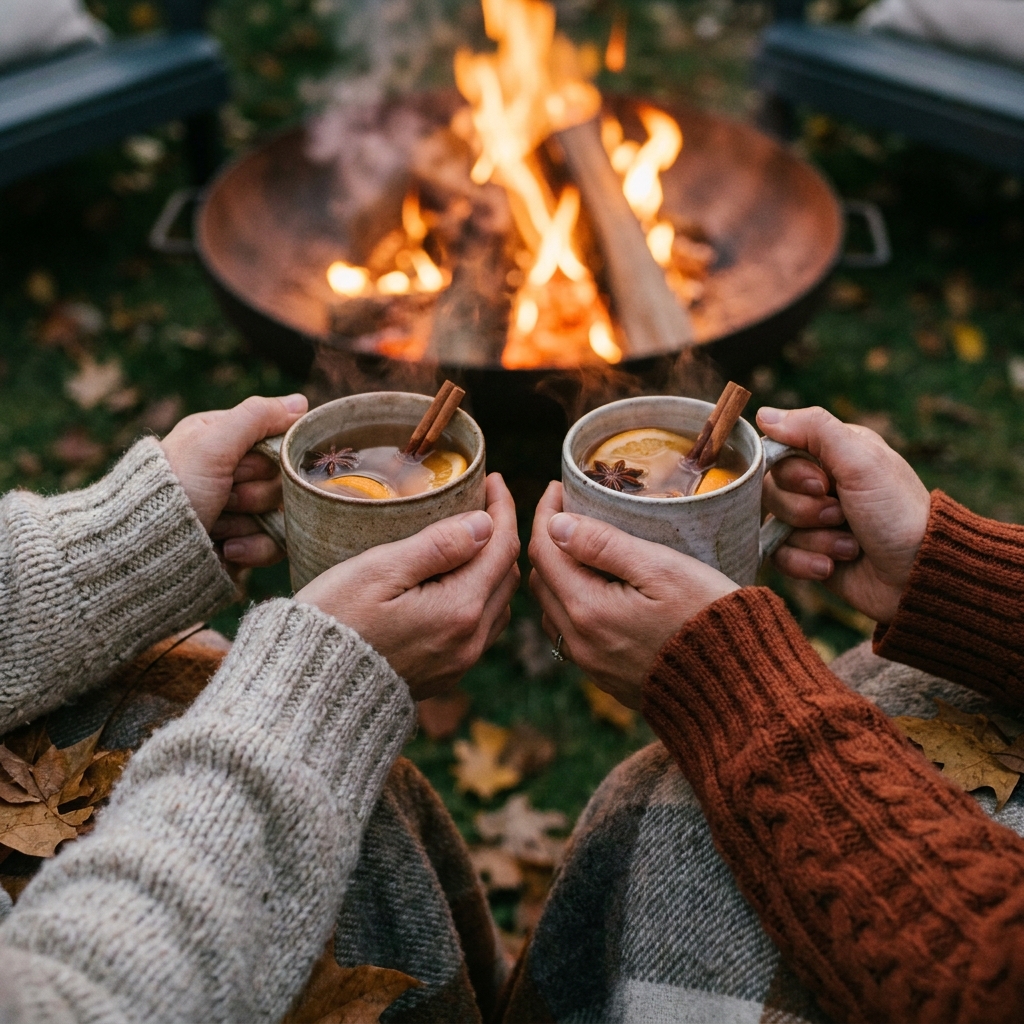 Two people holding mugs of mulled cider near a backyard fire pit at dusk.