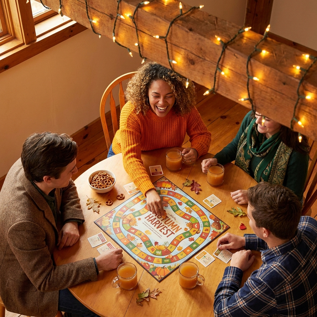 Friends gathered around a table for a fall game night with mugs of cider.