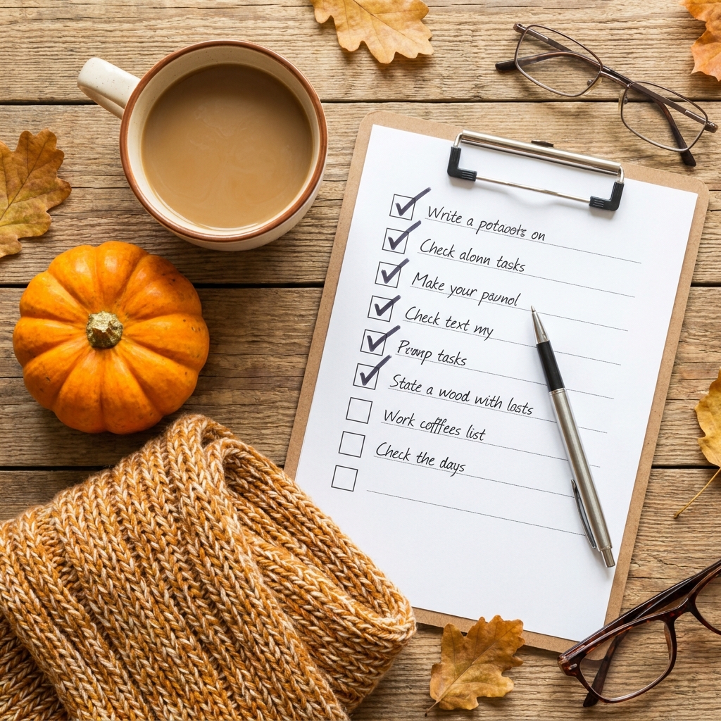 A checklist with several items checked off, next to coffee, a scarf, and a small pumpkin.