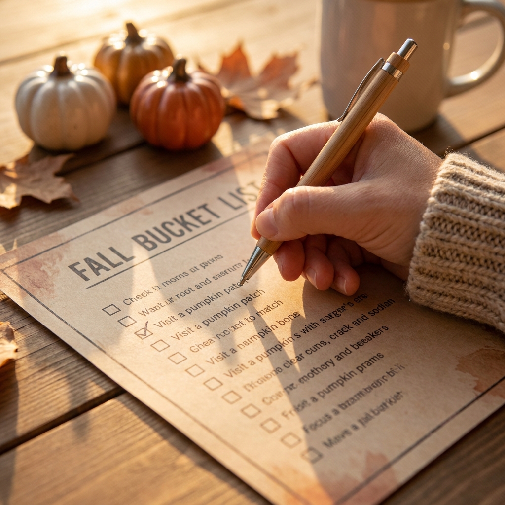 A hand checking off an item on a printed fall bucket list.