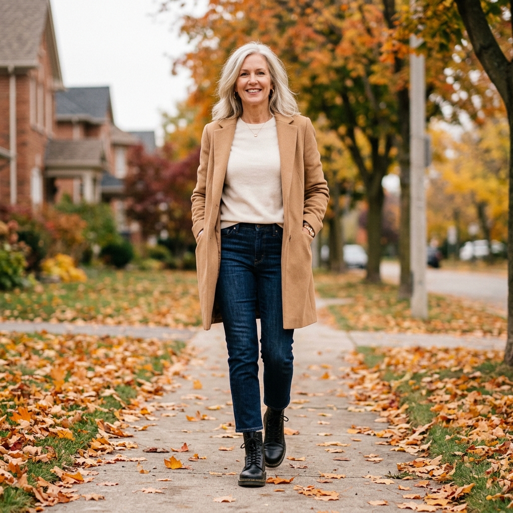 Woman over 50 wearing black combat boots with cropped straight jeans, a cream sweater, and a camel wool coat on a leaf-covered sidewalk.