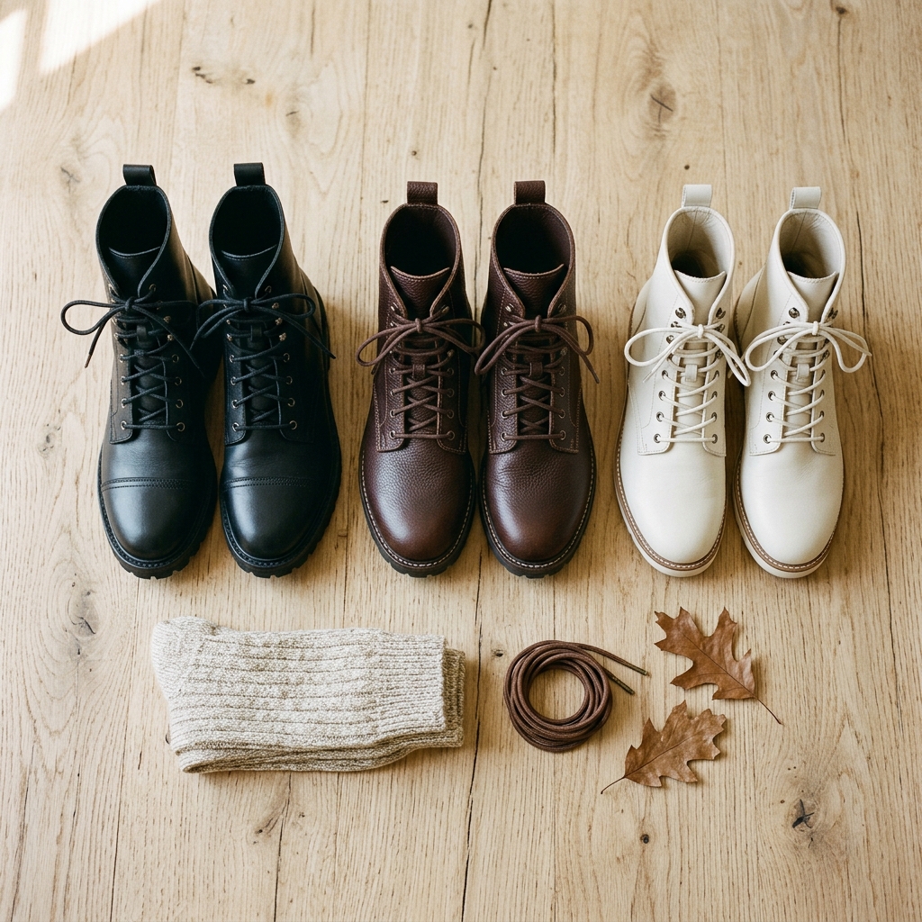 Three pairs of leather combat boots in black, brown, and off-white arranged on a pale wood surface with wool socks and laces.