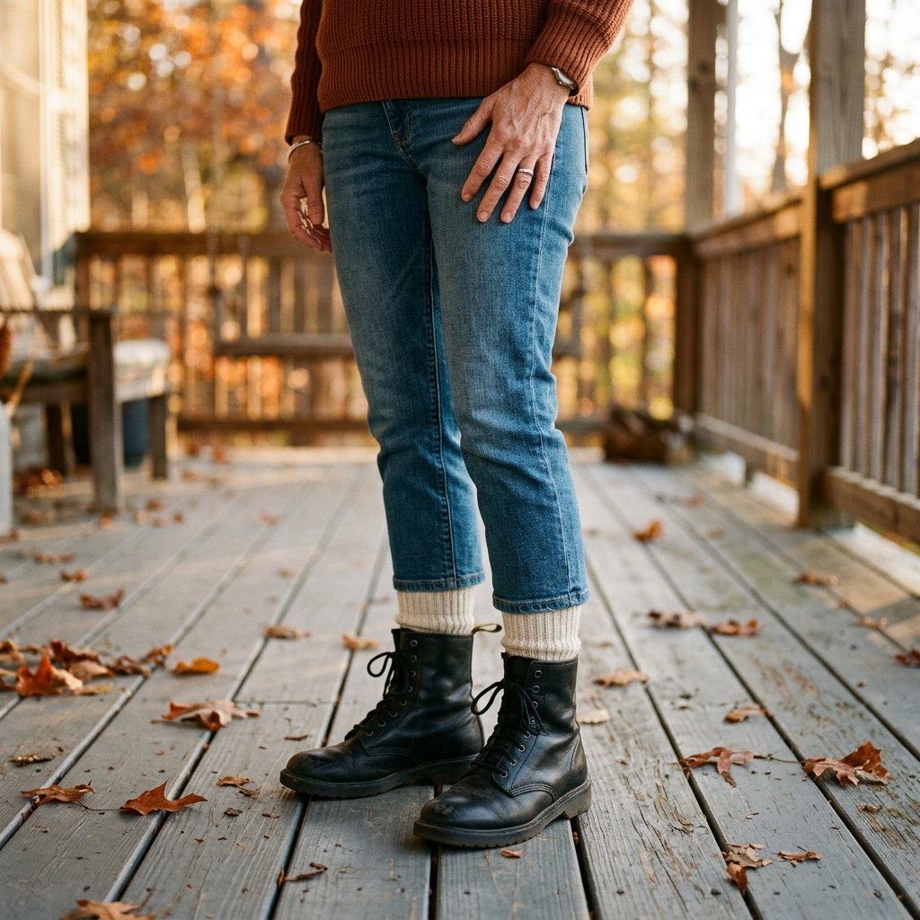 Close view of straight-leg jeans hemmed above black lace-up boots, showing a two-inch gap of cream sock at the ankle.